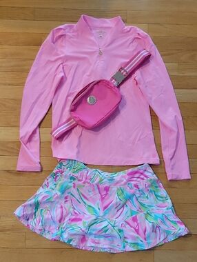Lilly Pulitzer Luxletic Pink Top, Floral skort, Crossbody Bag, Golf Outfit